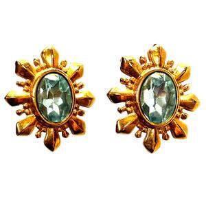Avon vintage clip on earrings gold starburst with light blue faceted stones